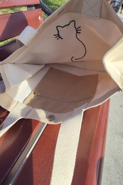 Omuz Çantası Kumaş Kedi Nakışlı - Resim 3