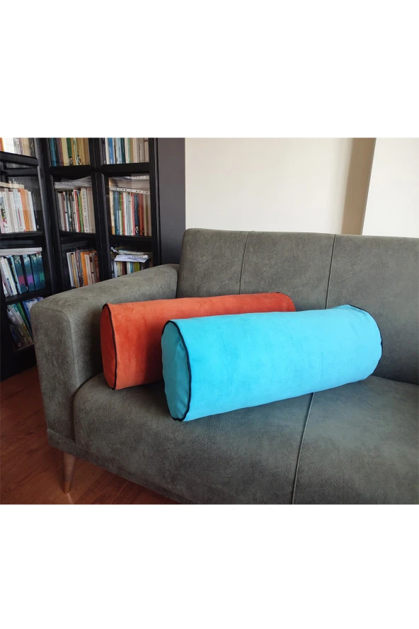 Silindir Yuvarlak Dekoratif Kırlent Biyeli Mavi 50x20 - 4