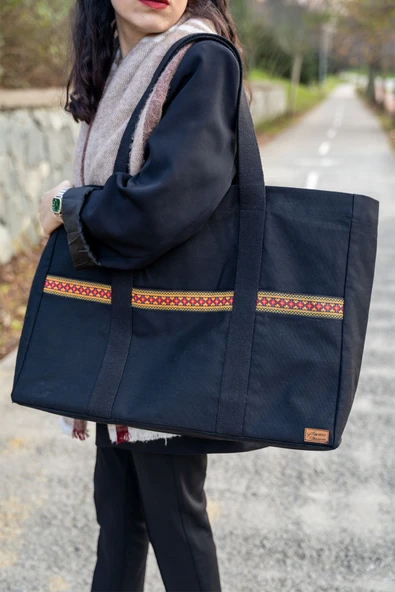 Kanvas  Omuz Çantası Su Geçirmeyen  Kumaş Battal Boy Siyah Renk ürün görseli 1