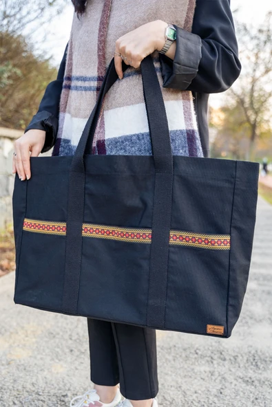 Kanvas  Omuz Çantası Su Geçirmeyen  Kumaş Battal Boy Siyah Renk - Resim 2