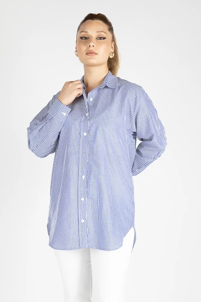 Kadın Oversize Gömlek Mavi - 5