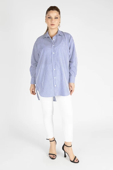 Kadın Oversize Gömlek Mavi - 2