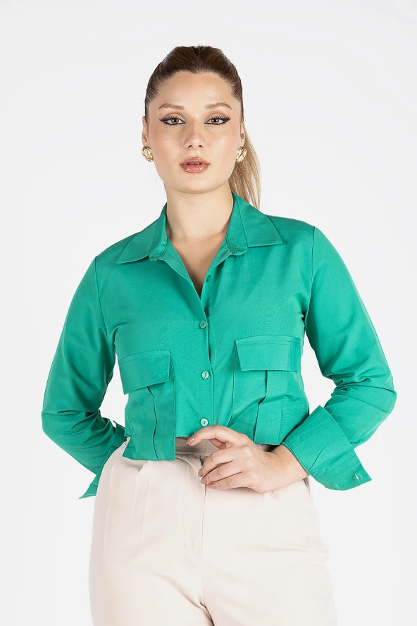Kadın Crop Gömlek Yeşil - 2