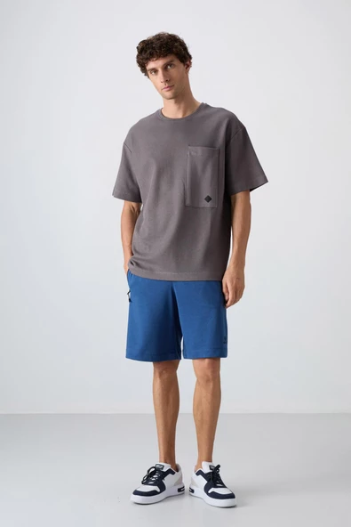 Koyu Gri Pamuklu Kalın Yüzeyi Dokulu Oversize Fit Basic Erkek T-Shirt - 88341 - Resim 4