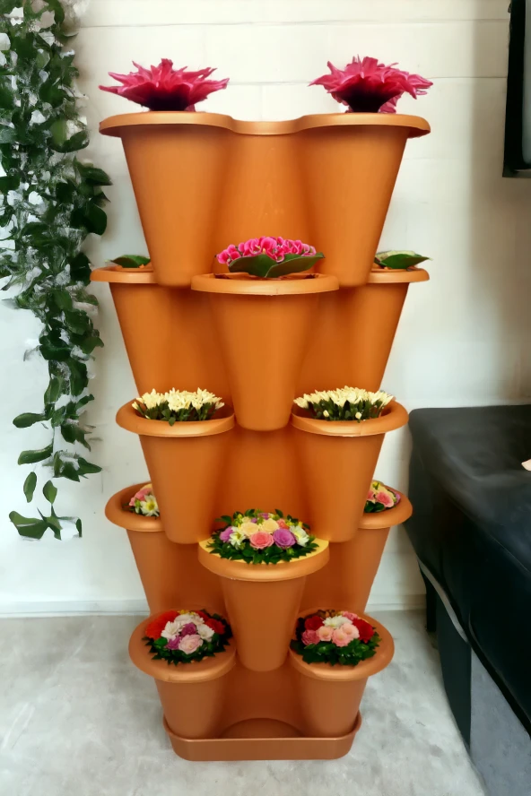 5 Katlı Şanslı Yonca Kule Saksı Seti | Çiçek Bitki Sebze Meyve Salon Mutfak Banyo Bahçe Saksı Seti Koyu Kahverengi