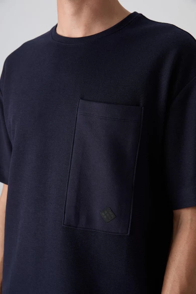 Lacivert Pamuklu Kalın Yüzeyi Dokulu Oversize Fit Basic Erkek T-Shirt - 88341 - Resim 3