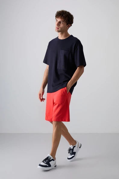 Lacivert Pamuklu Kalın Yüzeyi Dokulu Oversize Fit Basic Erkek T-Shirt - 88341 - Resim 4