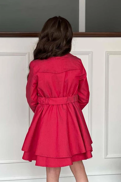 Kız Çocuk Çiçek Desenli Piliseli Kırmızı Trençkotlu Elbise - Resim 7