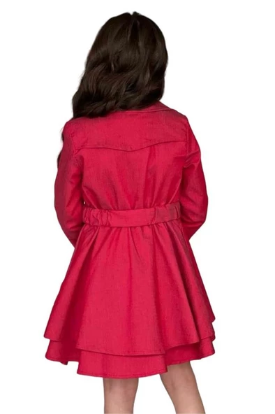 Kız Çocuk Çiçek Desenli Piliseli Kırmızı Trençkotlu Elbise - Resim 2