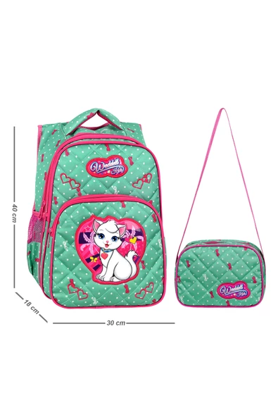 Waddell Mint Yeşili Kedi Desenli Embos İlkokul Çantası Beslenme Çantalı 24002