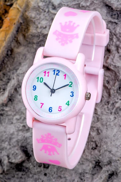 Yeni Sezon Kız Çocuk Kol Saati Toz Pembe Renk 6-13 Yaş Analog Prenses Tacı Figürlü ST-304386 - 3