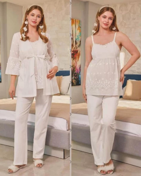 Cossy By Aqua 24621  Fistolu İp Askılı Hamile Lohusa 3 Lü Pijama Sabahlık Tk - 9
