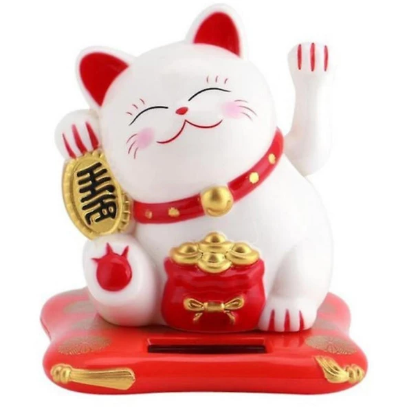 Maneki Neko El Sallayan Şans Kedisi Beyaz Solar Güneş Enerjili 7.5 cm ürün görseli 1