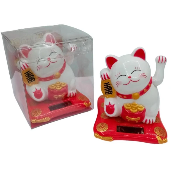 Maneki Neko El Sallayan Şans Kedisi Beyaz Solar Güneş Enerjili 7.5 cm - Resim 2