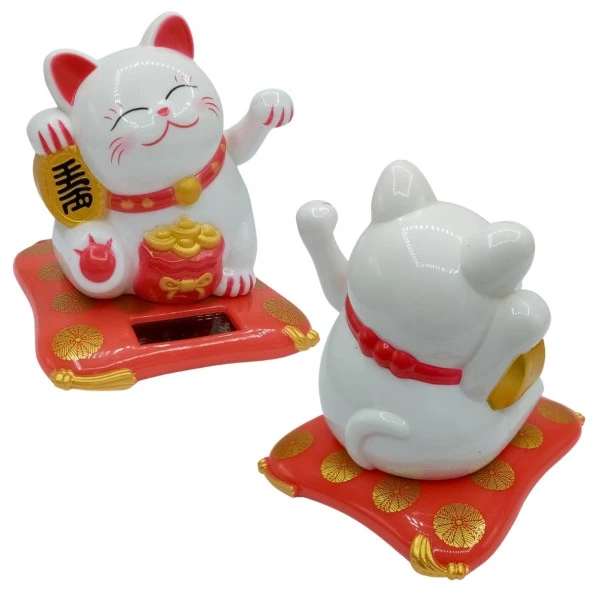 Maneki Neko El Sallayan Şans Kedisi Beyaz Solar Güneş Enerjili 7.5 cm - Resim 4