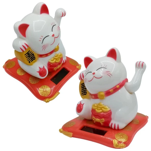 Maneki Neko El Sallayan Şans Kedisi Beyaz Solar Güneş Enerjili 7.5 cm - Resim 5