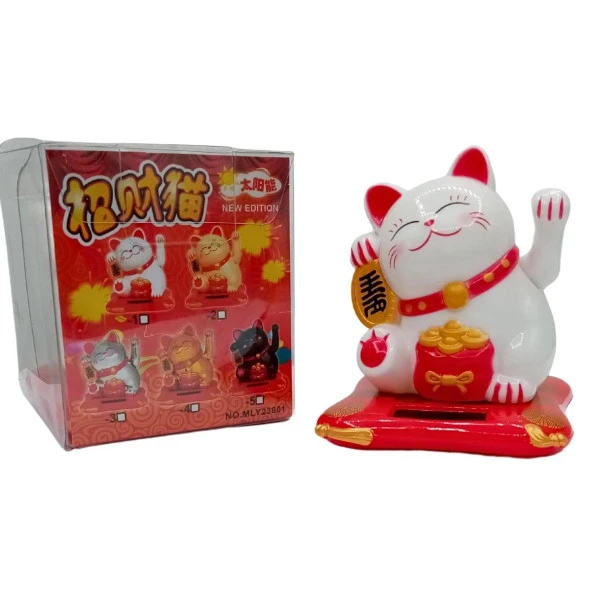 Maneki Neko El Sallayan Şans Kedisi Beyaz Solar Güneş Enerjili 7.5 cm - Resim 6