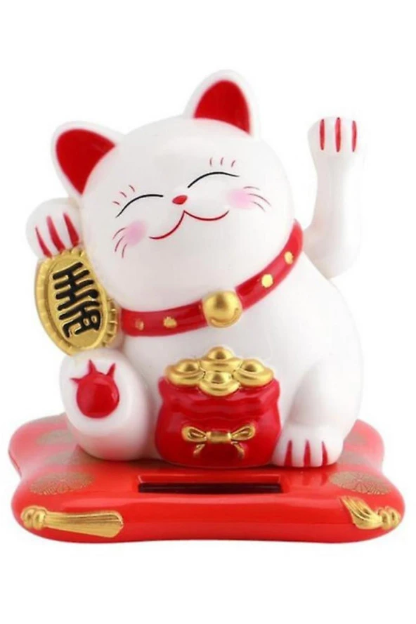 Maneki Neko El Sallayan Şans Kedisi Beyaz Solar Güneş Enerjili 7.5 cm - Resim 7