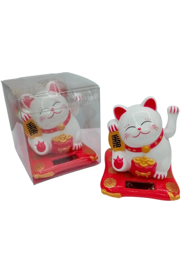 Maneki Neko El Sallayan Şans Kedisi Beyaz Solar Güneş Enerjili 7.5 cm - Resim 8
