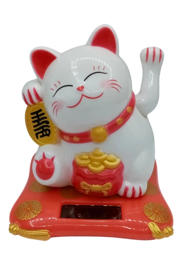 Maneki Neko El Sallayan Şans Kedisi Beyaz Solar Güneş Enerjili 7.5 cm - Resim 10