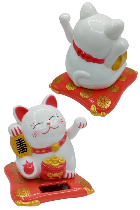 Maneki Neko El Sallayan Şans Kedisi Beyaz Solar Güneş Enerjili 7.5 cm - Resim 12