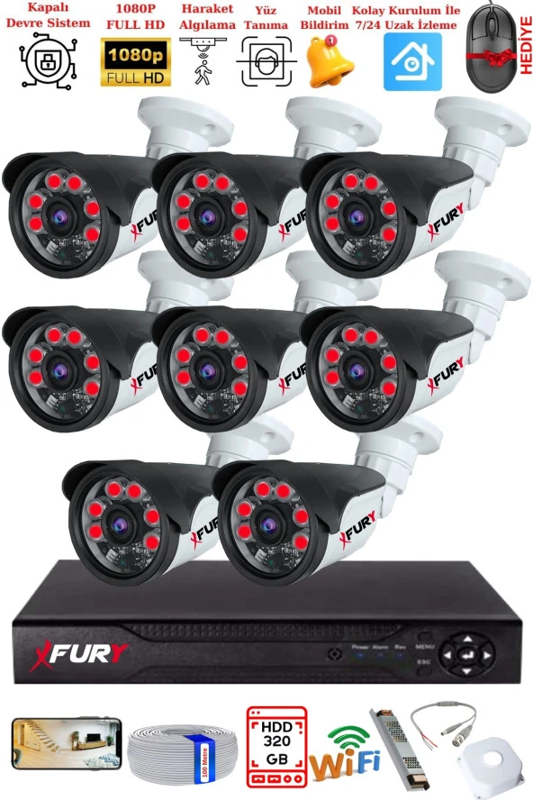 FURY 8 Kameralı Gece Görüşlü 1080P 2Mp Görüntü Full Hd Atom Led Güvenlik Kamerası Seti 5570 320GB