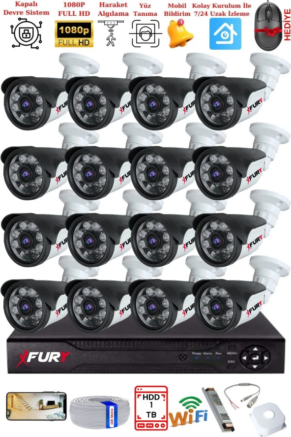 FURY 16 Kameralı Gece Görüşlü 1080P 2Mp Görüntü Full Hd Atom Led Güvenlik Kamerası Seti 5570 1 TB - Resim 2