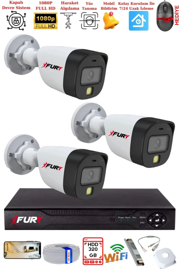 FURY 3 Kameralı 5Mp Lens 2 Mp Görüntü Gece Renkli Full Hd Ultra Led Akıllı Güvenlik Kamerası Seti 320GB - Resim 2