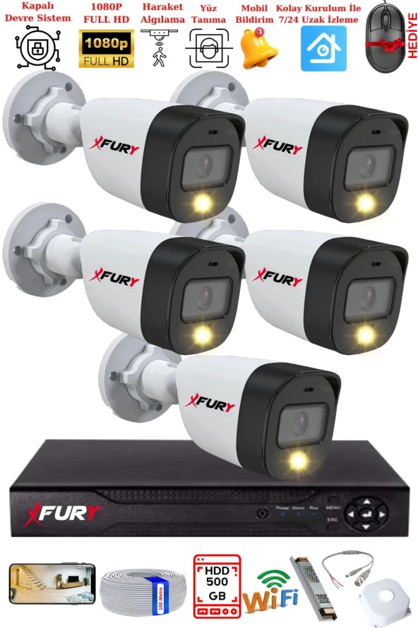 FURY 5 Kameralı 5Mp Lens 2 Mp Görüntü Gece Renkli Full Hd Ultra Led Akıllı Güvenlik Kamerası Seti 500GB