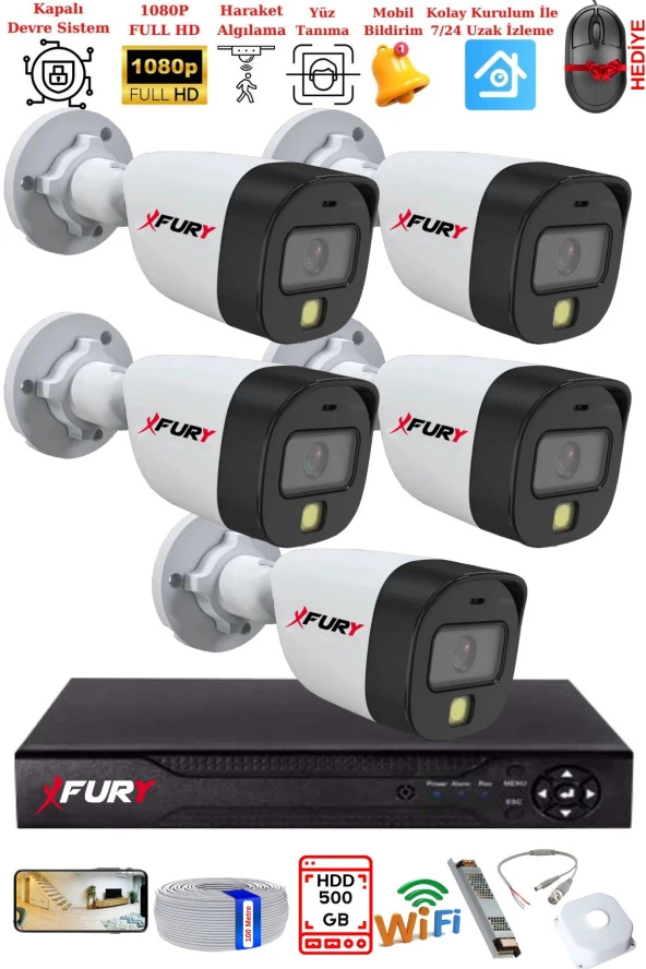 FURY 5 Kameralı 5Mp Lens 2 Mp Görüntü Gece Renkli Full Hd Ultra Led Akıllı Güvenlik Kamerası Seti 500GB - 2