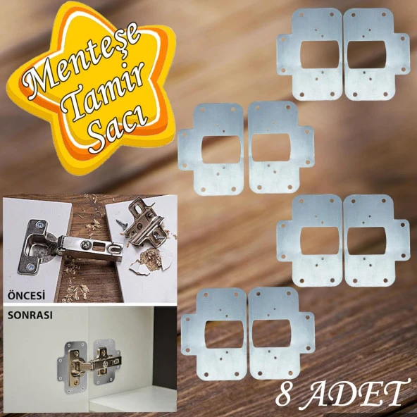 Dolap Kapak Taş Menteşe Tamir Sacı Pratik Onarım Kiti Krom Metal Yuva Tablası 6.5 x 9 cm (8 ADET)