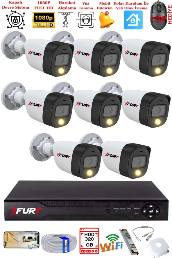 FURY 8 Kameralı 5Mp Lens 2 Mp Görüntü Gece Renkli Full Hd Ultra Led Akıllı Güvenlik Kamerası Seti 320GB ürün görseli