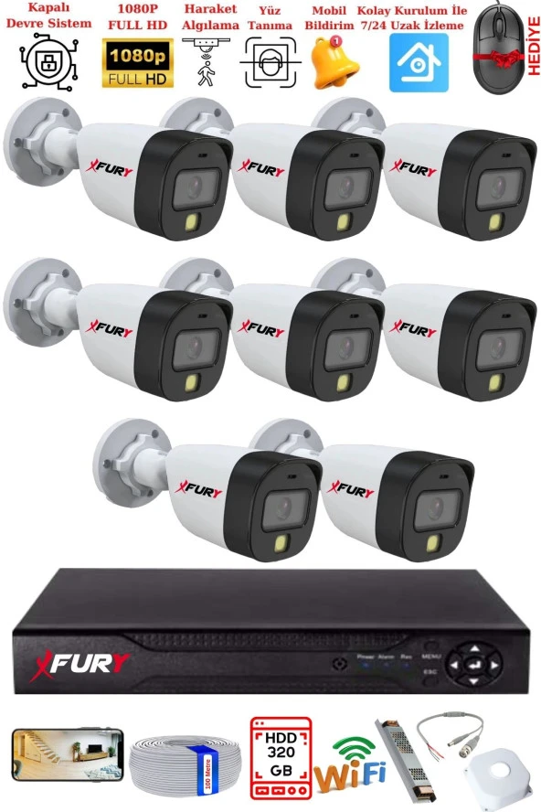 FURY 8 Kameralı 5Mp Lens 2 Mp Görüntü Gece Renkli Full Hd Ultra Led Akıllı Güvenlik Kamerası Seti 320GB - Resim 2
