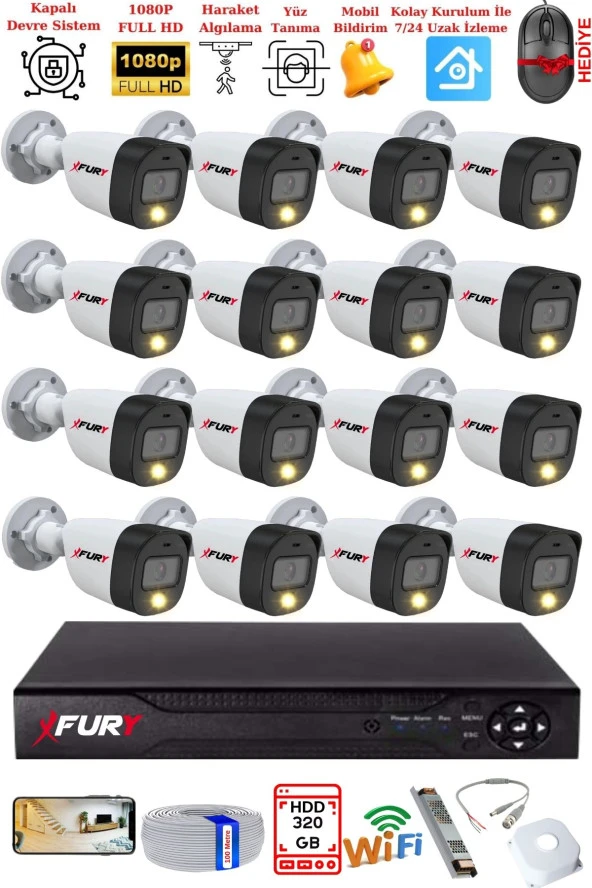FURY 16 Kameralı 5Mp Lens 2 Mp Görüntü Gece Renkli Full Hd Ultra Led Akıllı Güvenlik Kamerası Seti 320GB