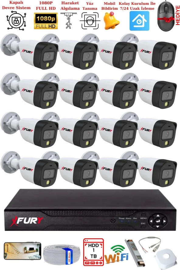 FURY 16 Kameralı 5Mp Lens 2 Mp Görüntü Gece Renkli Full Hd Ultra Led Akıllı Güvenlik Kamerası Seti 1 TB - 2