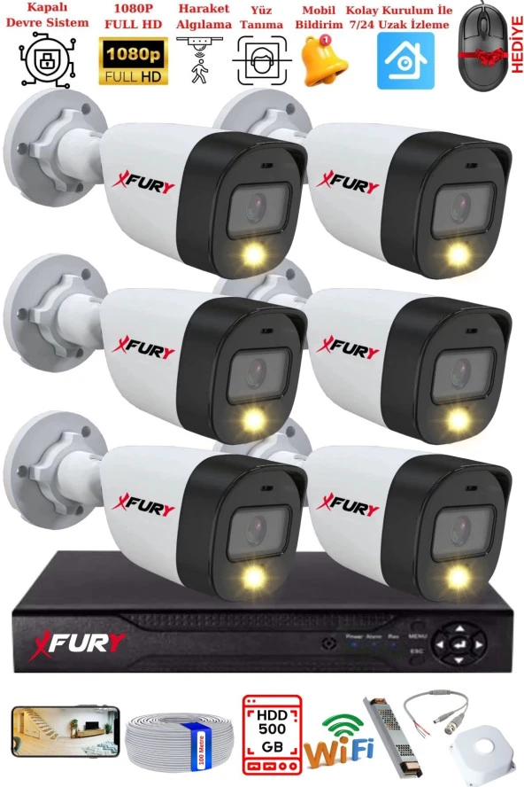 FURY 6 Kameralı 5Mp Lens 2 Mp Görüntü Gece Renkli Full Hd Ultra Led Akıllı Güvenlik Kamerası Seti 500GB