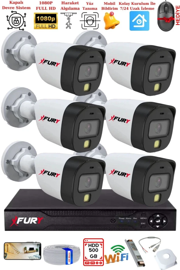FURY 6 Kameralı 5Mp Lens 2 Mp Görüntü Gece Renkli Full Hd Ultra Led Akıllı Güvenlik Kamerası Seti 500GB - 2