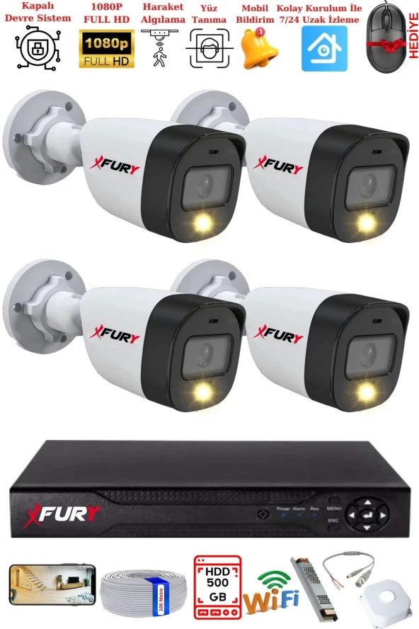 FURY 4 Kameralı 5Mp Lens 2 Mp Görüntü Gece Renkli Full Hd Ultra Led Akıllı Güvenlik Kamerası Seti 500 GB ürün görseli
