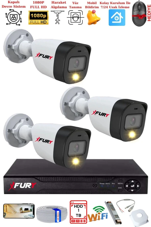 FURY 3 Kameralı 5Mp Lens 2 Mp Görüntü Gece Renkli Full Hd Ultra Led Akıllı Güvenlik Kamerası Seti 1 TB
