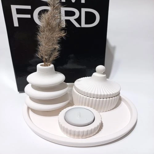 VİDA VAZO TABAKLI MUMLUK SET BEYAZ - Resim 4