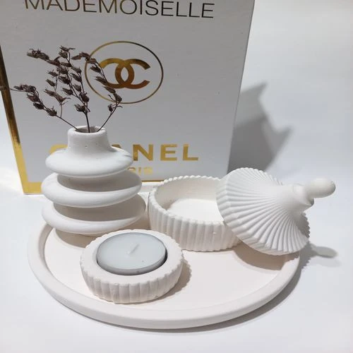 VİDA VAZO TABAKLI MUMLUK SET BEYAZ - Resim 3