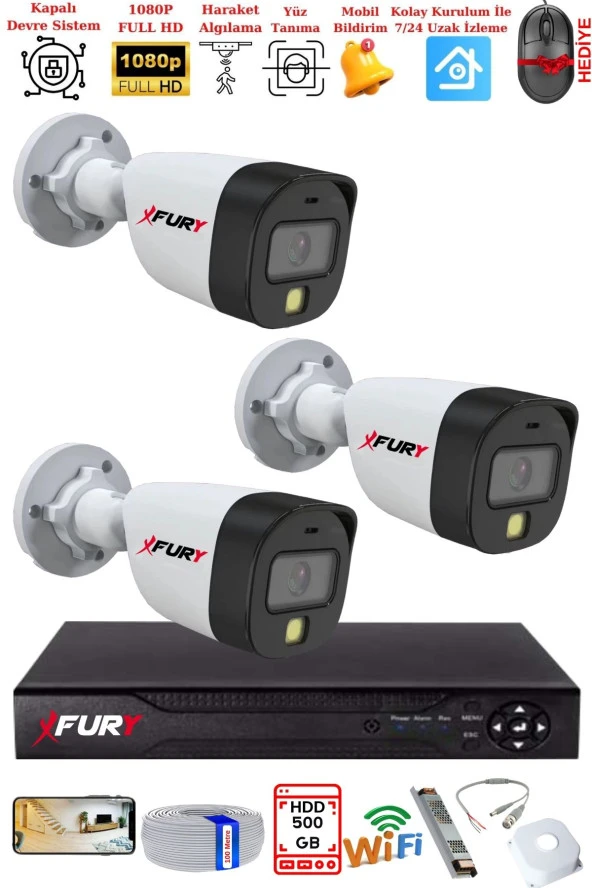 FURY 3 Kameralı 5Mp Lens 2 Mp Görüntü Gece Renkli Full Hd Ultra Led Akıllı Güvenlik Kamerası Seti 500GB - Resim 2