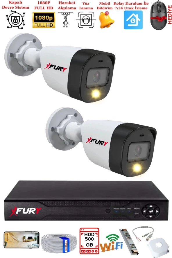 FURY 2 Kameralı 5Mp Lens 2 Mp Görüntü Gece Renkli Full Hd Ultra Led Akıllı Güvenlik Kamerası Seti 500 GB