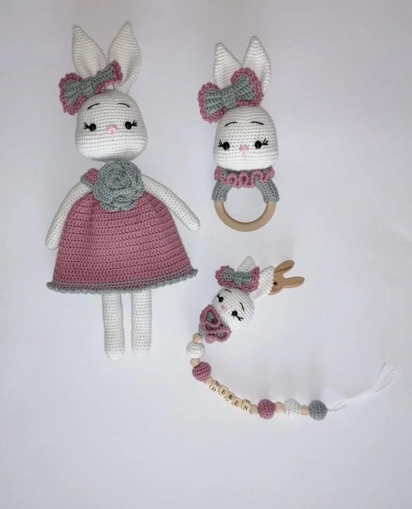 Süslü Tavşan Yeni Doğan Seti Amigurumi Organik Oyuncak - 3