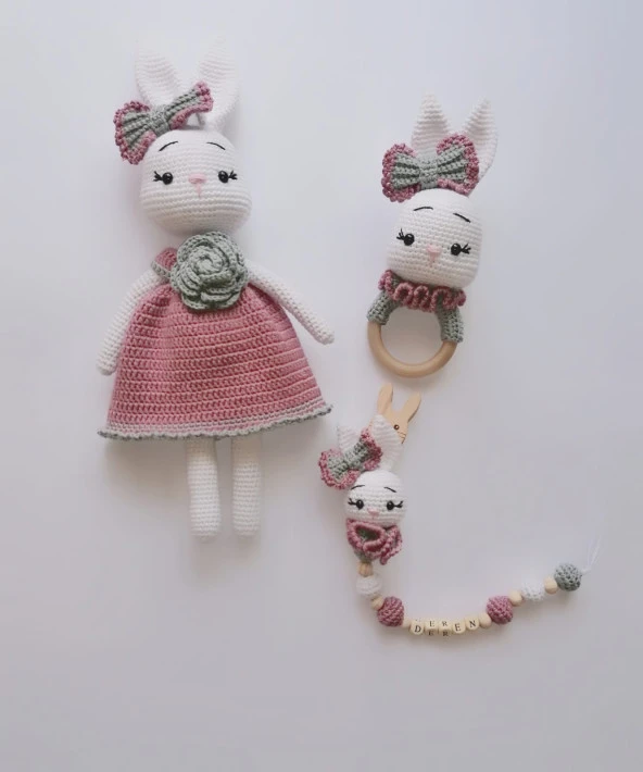 Süslü Tavşan Yeni Doğan Seti Amigurumi Organik Oyuncak - 4