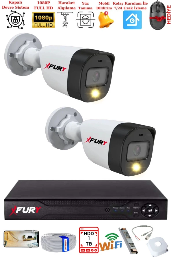 FURY 2 Kameralı 5Mp Lens 2 Mp Görüntü Gece Renkli Full Hd Ultra Led Akıllı Güvenlik Kamerası Seti 1 TB ürün görseli