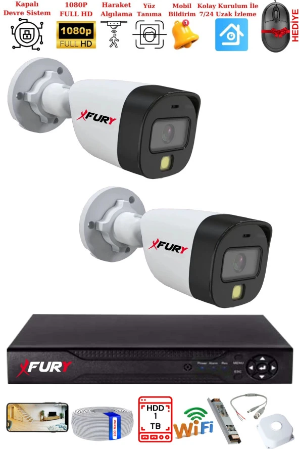 FURY 2 Kameralı 5Mp Lens 2 Mp Görüntü Gece Renkli Full Hd Ultra Led Akıllı Güvenlik Kamerası Seti 1 TB - Resim 2