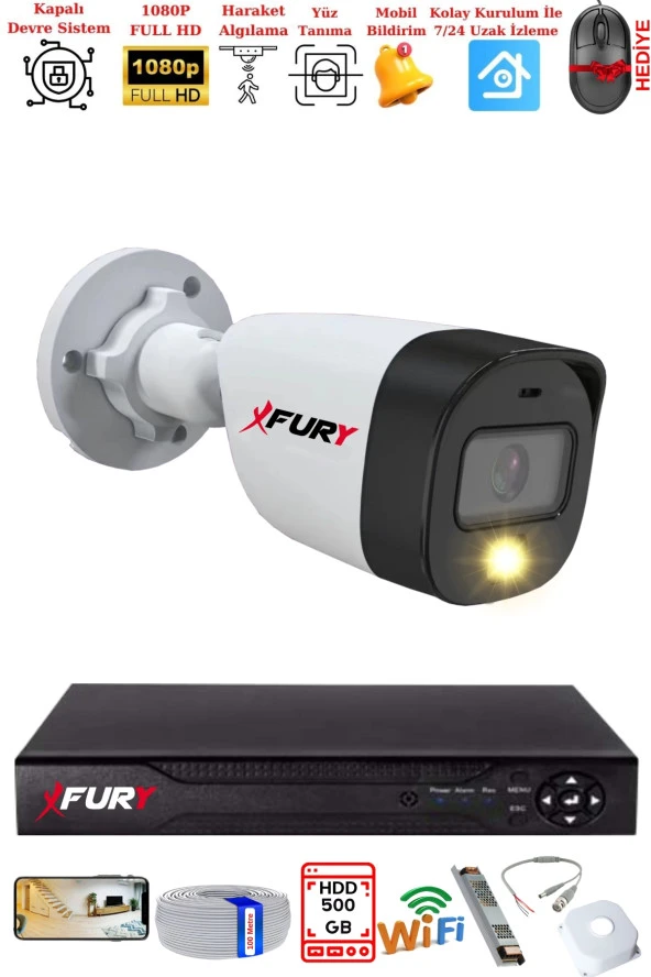 FURY 1 Kameralı 5Mp Lens 2 Mp Görüntü Gece Renkli Full Hd Ultra Led Akıllı Güvenlik Kamerası Seti 500GB