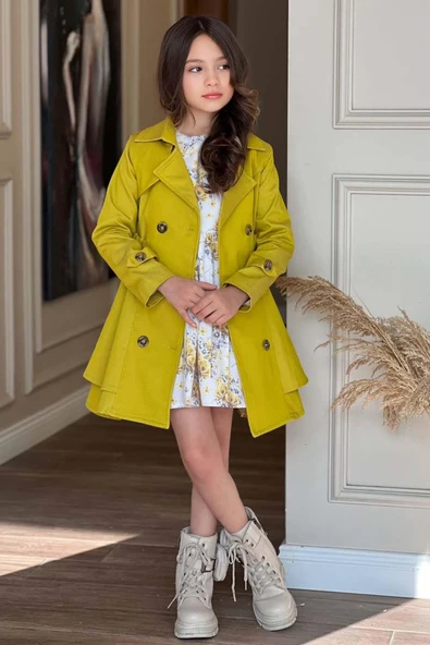 Kız Çocuk Çiçek Desenli Piliseli Sarı Trençkotlu Elbise - Resim 4