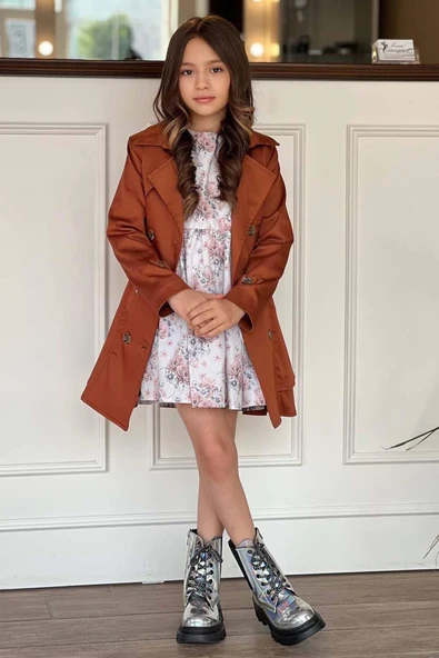 Kız Çocuk Çiçek Desenli Piliseli Kiremit Trençkotlu Elbise - Resim 5